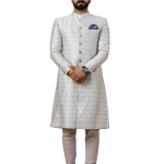 Stunning Beige Banarasi Brocade Achkan with Lilac Churidar for Men | Father-Son Combo | Grooms & Weddings | Jaipurio